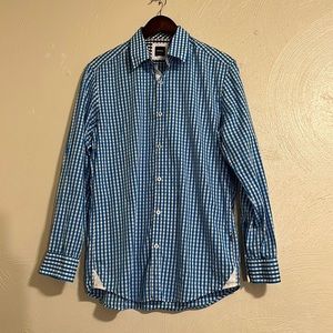 HUGO BOSS Turquoise & White Check Long-Sleeve Shirt Regular Fit Medium